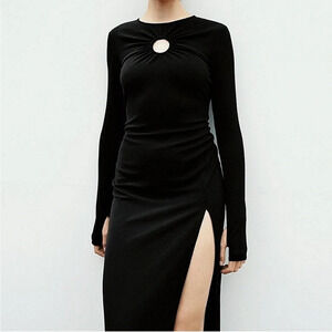 Zara Cut Out Black Open Back Keyhole Dress Maxi Slit S Long Sleeve